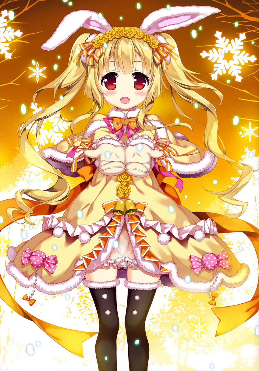 absurdres animal_ears black_legwear blonde_hair bow bunny_ears capelet dress fake_animal_ears fujima_takuya gloves highres long_hair looking_at_viewer open_mouth original red_eyes scan snowflakes solo thighhighs twintails very_long_hair white_gloves yellow_bow