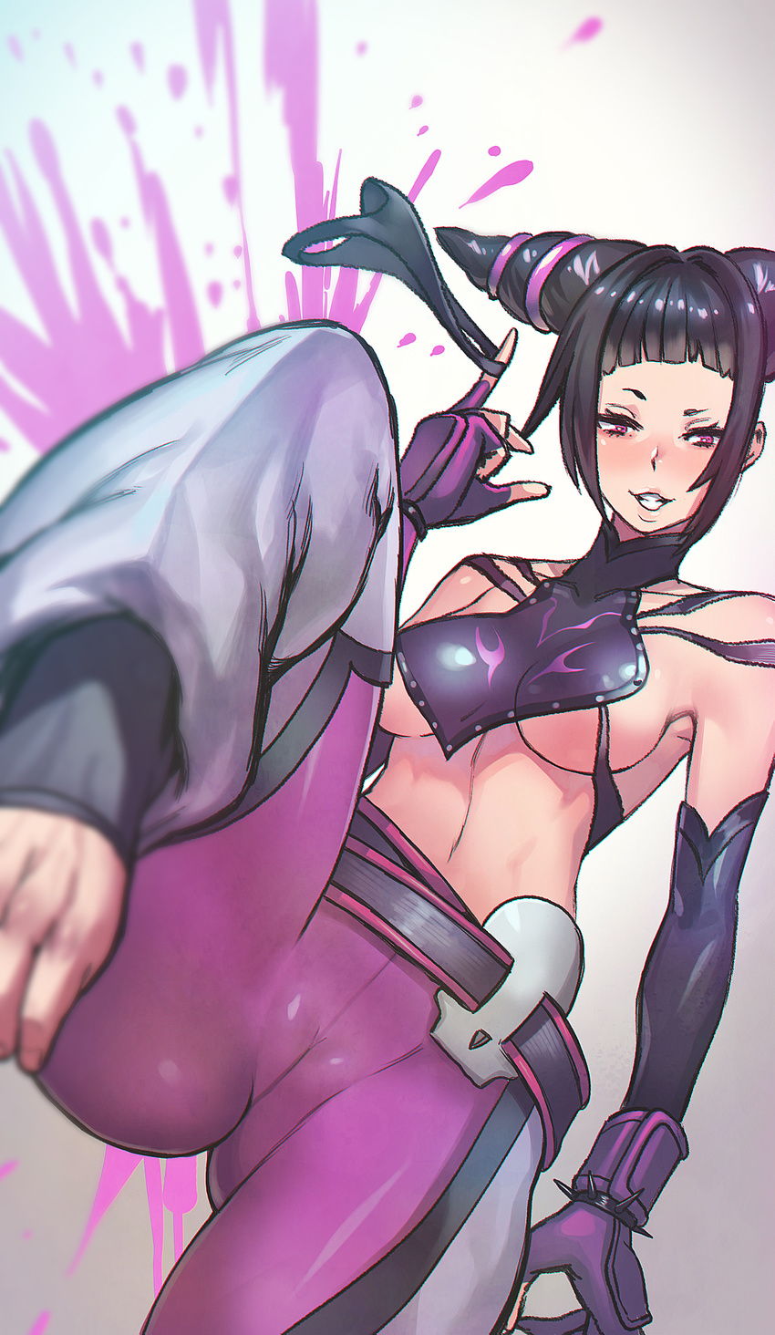 bangs barefoot belt black_hair blurry bracelet breasts cameltoe crotch depth_of_field detached_sleeves drill_hair dudou fingerless_gloves gloves grin halter_top halterneck han_juri harabacho_(gkfkqkch1) highres jewelry large_breasts multiple_belts naughty_face navel panties panties_removed pink_legwear purple_eyes sideboob smile solo spiked_bracelet spikes standing standing_on_one_leg street_fighter street_fighter_iv_(series) toeless_legwear toes twin_drills underboob underwear