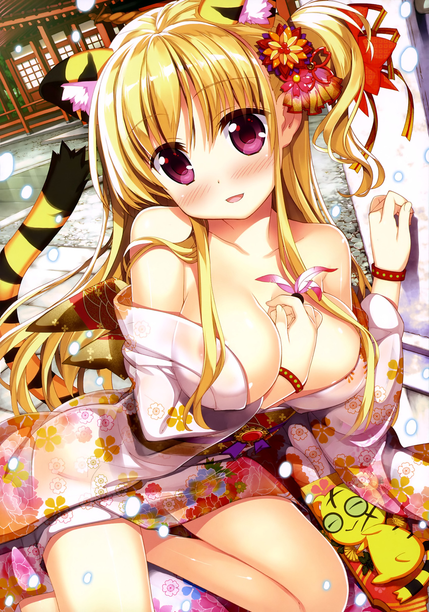 absurdres animal_ears areolae blonde_hair breasts collarbone eyebrows eyebrows_visible_through_hair fujima_takuya hair_over_breasts hair_ribbon highres japanese_clothes kimono large_breasts long_hair off_shoulder one_side_up open_mouth original outdoors purple_eyes ribbon scan see-through_silhouette short_kimono short_yukata solo tail wrist_cuffs yukata