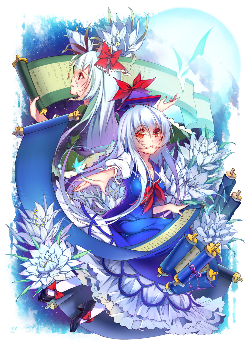 bad_id bad_pixiv_id black_footwear blue_dress bow bug butterfly dress flower green_dress hat highres horn_bow horns insect kamishirasawa_keine kamishirasawa_keine_(hakutaku) layered_dress long_hair multiple_girls red_bow red_eyes scroll shoes short_sleeves silver_hair touhou vieny white_legwear