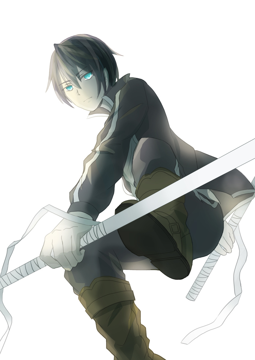 absurdres bandages black_hair blue_eyes dual_wielding hair_between_eyes highres holding holding_weapon looking_at_viewer ly male_focus noragami solo weapon white_background yato_(noragami)