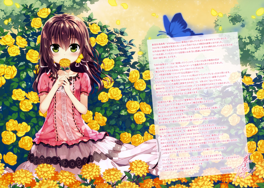 absurdres brown_hair collarbone dress field flower flower_field fujima_takuya green_eyes hair_bobbles hair_ornament hair_ribbon highres holding long_hair looking_at_viewer original ribbon scan solo white_ribbon yellow_flower