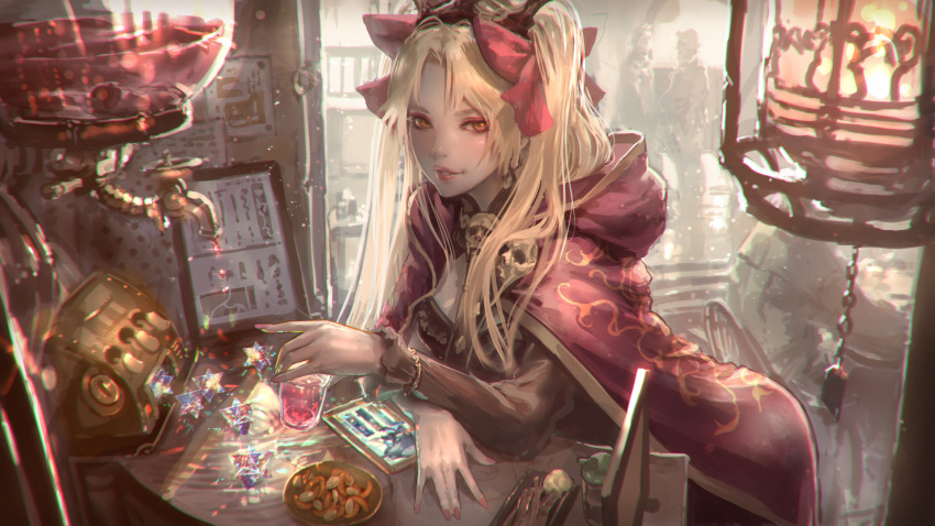 blonde_hair cape drink ereshkigal_(fate/grand_order) fate/grand_order fate_(series) food jpeg_artifacts kaburagi_yasutaka long_hair yellow_eyes