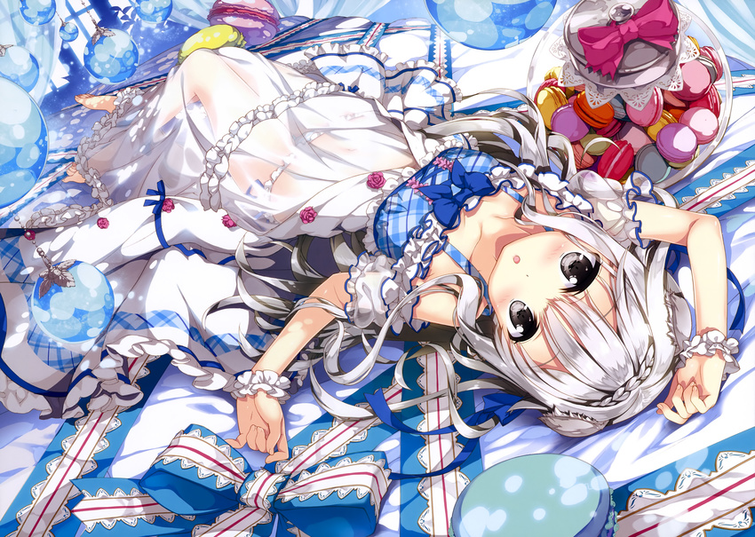 absurdres bed_sheet black_eyes bow collarbone dress fujima_takuya highres long_hair looking_at_viewer lying on_back open_mouth original scan see-through silver_hair solo white_dress wrist_cuffs