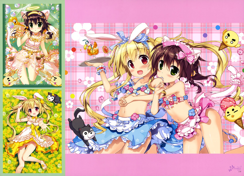 absurdres animal_ears bow brown_hair bunny_ears cat_ears cat_tail collarbone dog dress fake_animal_ears fake_tail field flat_chest flower flower_field from_above fujima_takuya green_eyes hair_between_eyes hair_bow headdress highres long_hair looking_at_viewer lying midriff multiple_girls navel on_back original panties scan see-through short_hair striped striped_bow striped_panties tail twintails underwear very_long_hair white_panties wrist_cuffs