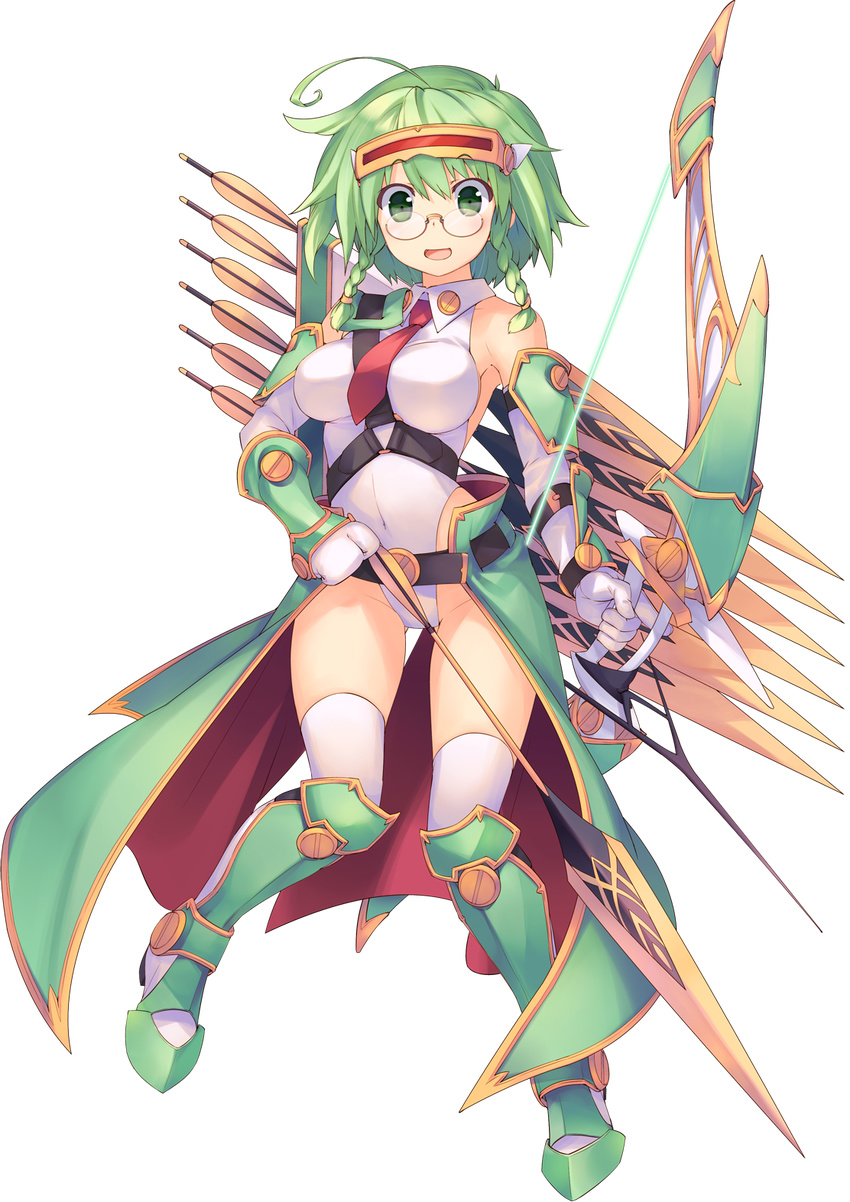 ahoge aquaplus armor armored_boots arrow boots bow_(weapon) braid dungeon_travelers_2 full_body glasses green_eyes green_hair highleg highleg_leotard highres leotard long_hair looking_at_viewer monica_macy necktie official_art rimless_eyewear side_braid solo sumaki_shungo thighhighs transparent_background twin_braids weapon