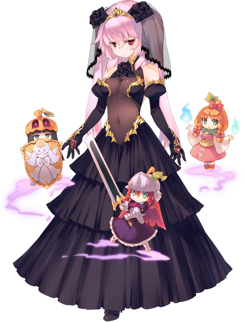 aquaplus armor armored_boots bangs black_gloves black_hair blunt_bangs boots braid center_opening covered_navel dress dungeon_travelers_2 elbow_gloves full_body gloves greaves helmet highres holding holding_sword holding_weapon jitome lilian_craper long_hair long_sleeves looking_at_viewer magic multiple_girls official_art orange_hair pink_hair red_eyes red_hair see-through shield side_braid sumaki_shungo sword transparent_background twin_braids twintails veil weapon