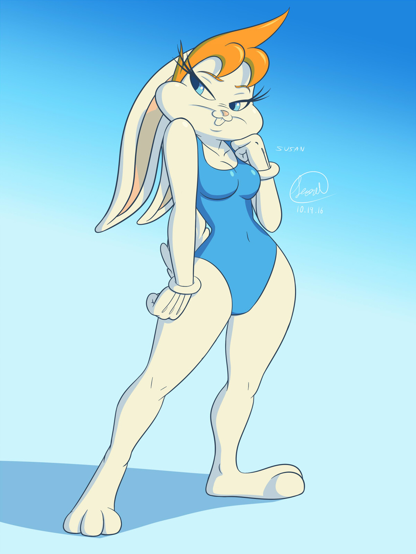 blue_clothes blue_eyes breasts clothing eyelashes female gradient_background hair lagomorph leo-san mammal rabbit red_hair simple_background susan swimsuit