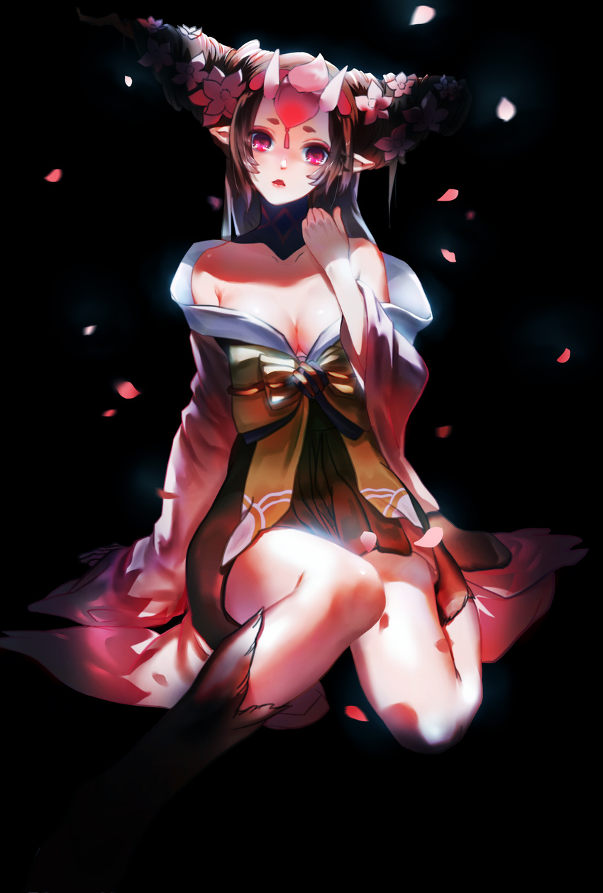 absurdres arm_at_side bare_shoulders black_background boots breasts brown_footwear brown_hair chinese_clothes demon_girl detached_collar flower hair_flower hair_ornament hand_on_own_shoulder head_tilt highres lipstick long_sleeves looking_at_viewer makeup medium_breasts meoten_caizi momo_(onmyoji) off_shoulder oni_horns onmyoji peach_blossom petals pink_eyes pink_flower pink_lips pointy_ears pointy_hair sash shade short_eyebrows sitting solo wide_sleeves