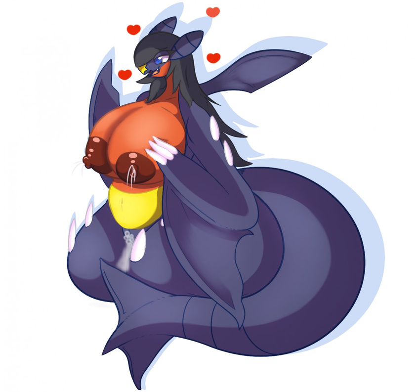 &lt;3 2016 anthro anthrofied areola big_breasts black_hair blue_eyes breasts fangs female fin flare-zen garchomp hair hand_on_breast huge_breasts lactating long_hair milk nintendo nipples nude open_mouth pok&eacute;mon pok&eacute;morph purple_scales pussy pussy_juice red_nipples red_scales scales scalie simple_background smile solo spikes tongue video_games white_background yellow_scales