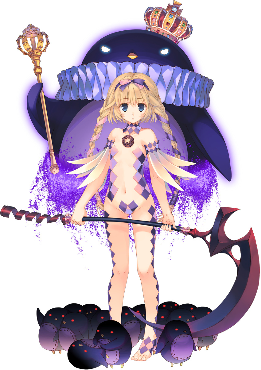 aquaplus ass_visible_through_thighs barefoot bird blonde_hair blue_eyes braid crown detached_collar detached_sleeves dungeon_travelers_2 eyebrows eyebrows_visible_through_hair full_body hair_ribbon hairband highres holding holding_weapon lizerietta_marsh long_hair looking_at_viewer mitsumi_misato navel penguin revealing_clothes ribbon scythe solo standing toes transparent_background twin_braids weapon