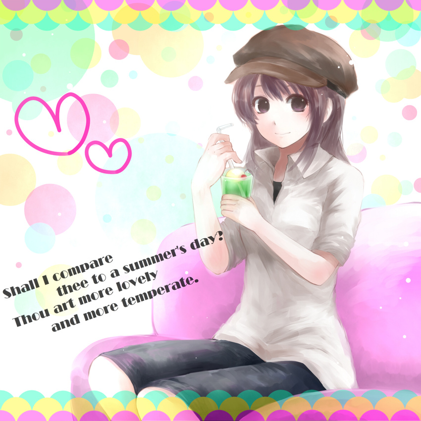 bad_id bad_pixiv_id brown_eyes brown_hair cabbie_hat couch drink english food hat heart highres ice_cream ice_cream_float itsuya light_smile melon_soda original sitting solo