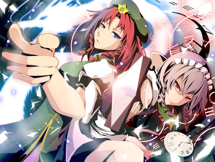 blue_eyes dragon duplicate hong_meiling izayoi_sakuya multiple_girls red_eyes red_hair silver_hair touhou