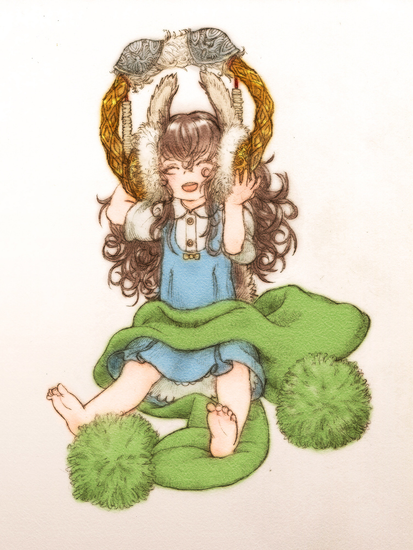 animal_ears barefoot child closed_eyes dress earmuffs feet feral_lemma happy highres original scarf solo