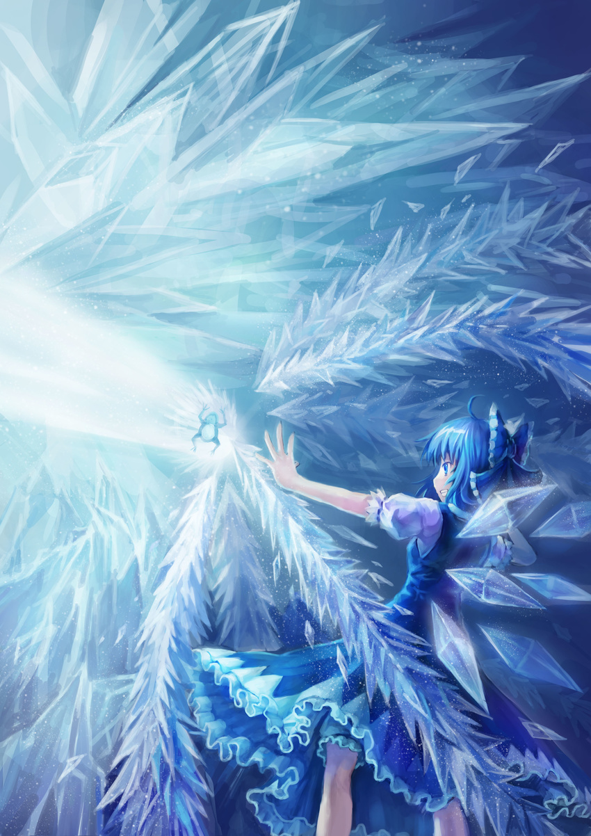 absurdres ahoge bad_id bad_pixiv_id blue blue_eyes bow cirno dress frog frozen grin hair_bow highres ice smile solo teeth touhou wings yinzhai