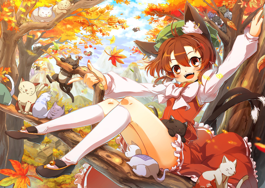 &gt;_&lt; aki_minoriko aki_shizuha animal_ears animalization autumn branch brown_eyes brown_hair camera cat cat_ears cat_tail character_request chen chen_(cat) cirno closed_eyes dual_persona earrings fujiwara_no_mokou hakurei_reimu hat highres im_(badmasa) in_tree jewelry kaenbyou_rin kaenbyou_rin_(cat) kirisame_marisa kneehighs konpaku_youmu legs looking_at_viewer mountain nail_polish open_mouth red_nails rumia short_hair single_earring sitting sitting_in_tree smile tail too_many too_many_cats touhou tree village when_you_see_it white_legwear yakumo_ran yakumo_yukari