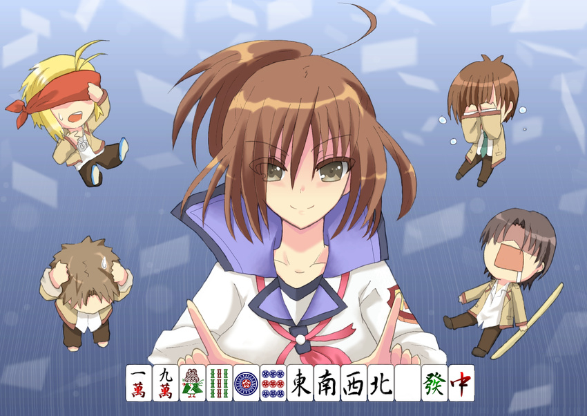 4boys angel_beats! bad_id bad_pixiv_id brown_eyes brown_hair chibi fujimaki_(angel_beats!) hisako_(angel_beats!) long_hair mahjong matsushita multiple_boys nakamura_hinato ooyama_(angel_beats!) ponytail school_uniform shirasaya sleeves_rolled_up tenbou tk_(angel_beats!)