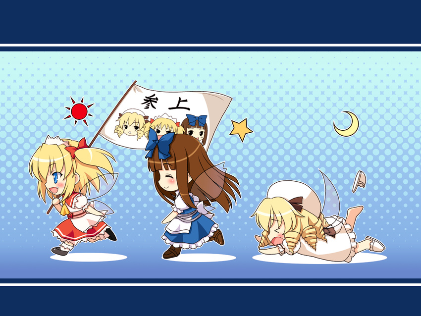 &gt;_&lt; bangs blonde_hair blue_eyes blunt_bangs brown_hair chibi closed_eyes crescent drill_hair fallen_down fang flag halftone halftone_background long_hair luna_child multiple_girls ribbon shoes single_shoe slippers star star_sapphire sun_(symbol) sunny_milk touhou tripping twintails wings yamasan yousei_daisensou