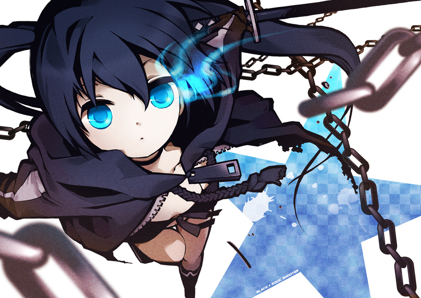 absurdres bikini_top black_hair black_rock_shooter black_rock_shooter_(character) blue_eyes boots chain coat flat_chest from_above glowing glowing_eyes highres long_hair nigo shorts solo sword twintails very_long_hair weapon