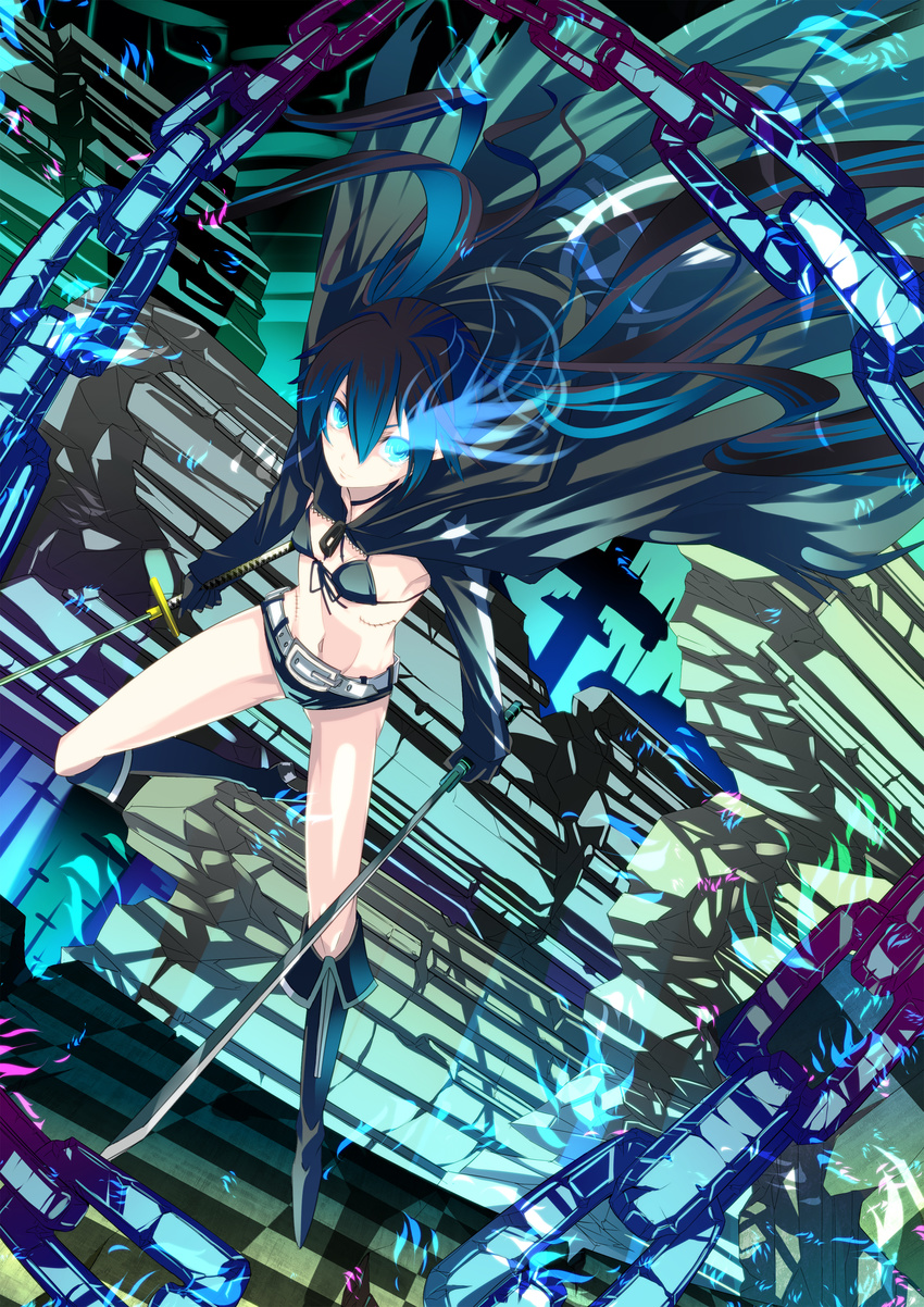 absurdres belt bikini_top black_hair black_rock_shooter black_rock_shooter_(character) blue_eyes boots burning_eye chain glowing glowing_eye gyuufa highres katana long_hair scar shorts solo sword twintails weapon