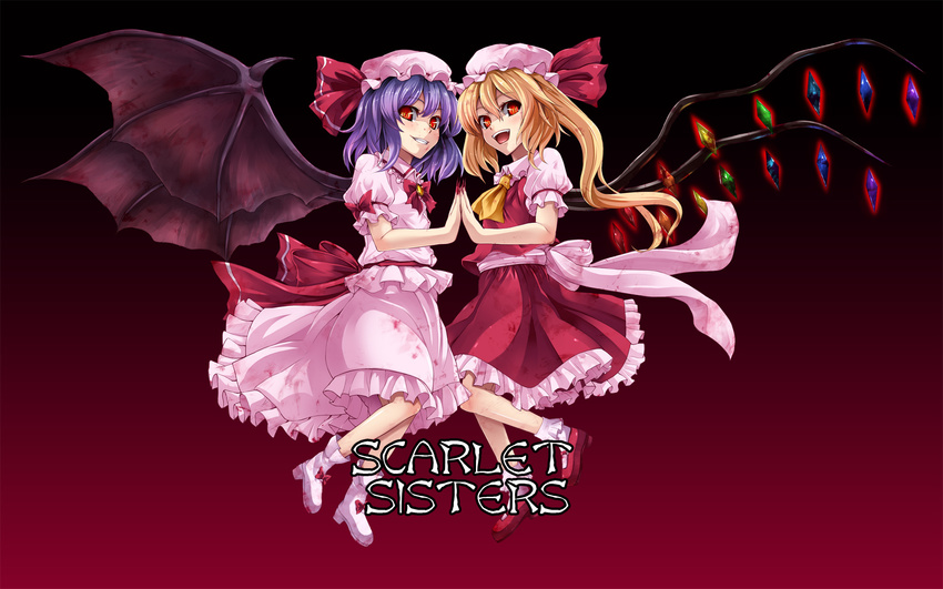 :d ascot asu_hare asymmetrical_hair bad_id bad_pixiv_id bangs bat_wings black_background blonde_hair blood bloody_clothes blush bobby_socks boots bow bowtie brooch character_name evil_smile eyebrows_visible_through_hair fang fingernails flandre_scarlet frilled_shirt_collar frilled_skirt frills glowing glowing_eyes gradient gradient_background grin hair_between_eyes hands_together hat hat_ribbon highres jewelry long_fingernails long_hair long_skirt looking_at_viewer mary_janes medium_hair mob_cap multiple_girls nail_polish open_mouth pink_bow pink_footwear pink_legwear pink_shirt pink_skirt ponytail puffy_short_sleeves puffy_sleeves purple_hair rainbow_order red_background red_bow red_eyes red_footwear red_nails red_neckwear red_ribbon red_skirt red_vest remilia_scarlet ribbon sash shiny shiny_hair shirt shoes short_hair short_sleeves siblings side_ponytail sisters skirt skirt_set smile socks symmetrical_hand_pose symmetry teeth touhou vest wallpaper wings yellow_neckwear