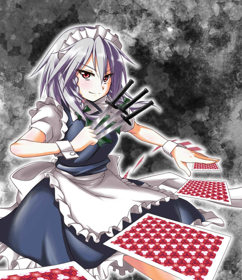 apron bad_id bad_pixiv_id braid card floating_card grey_hair hair_ribbon highres izayoi_sakuya knife maid maid_headdress red_eyes ribbon solo touhou try twin_braids wrist_cuffs