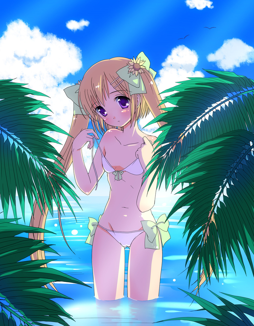 bikini blonde_hair cloud day flower front-tie_top hair_ornament hairclip haruno_(macoro) highres leaf long_hair navel original purple_eyes side-tie_bikini sky solo sunflower swimsuit twintails untied untied_bikini wading water