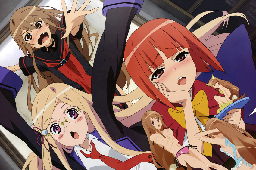 absurdres akai_ringo_(ookami-san) animal_ears apron bikini bikini_bottom blonde_hair blush blush_stickers bow breast_hold breasts brown_eyes brown_hair covering covering_breasts detexted fang figure flat_chest glasses hand_on_own_cheek highres kobayashi_emiko long_hair majolica_le_fay multiple_girls naked_apron navel necktie no_hat no_headwear non-web_source ookami-san ookami_ryouko open_mouth purple_eyes red_hair short_hair side-tie_bikini swimsuit third-party_edit very_long_hair wavy_mouth