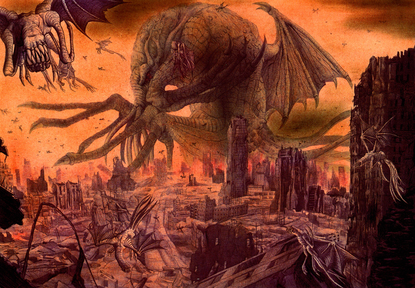 bad_id bad_pixiv_id city cityscape cloud cthulhu cthulhu_mythos dust flying hiyokemusi monochrome monster no_humans red red_sky ruins sky tentacles wings