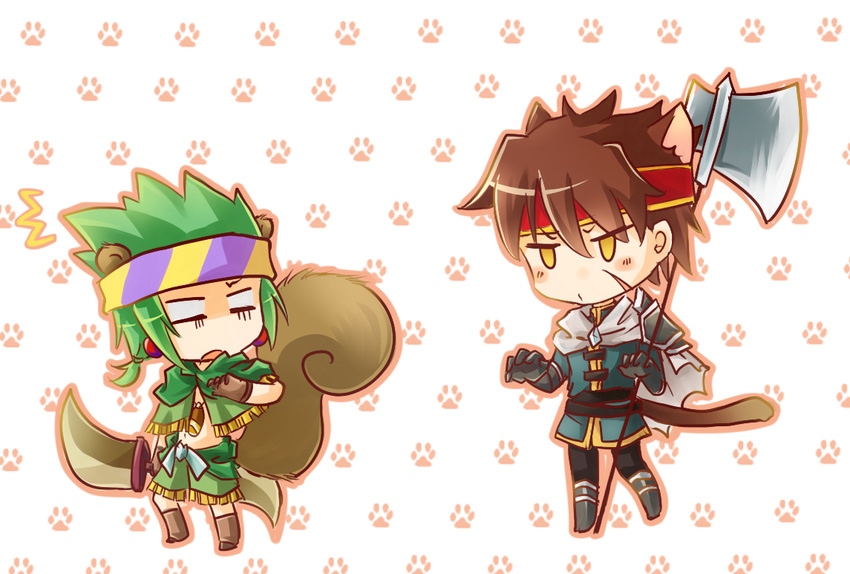 2boys animal_ears axe belt brown_hair cape carine cat_ears cat_tail chibi d: earrings elk_(ys) geis_(ys) gloves green_hair halberd headband jacket jewelry multiple_boys necklace open_mouth polearm poncho ponytail shirtless simple_background squirrel_ears squirrel_tail stalking surprised sword tail weapon yellow_eyes ys ys_seven