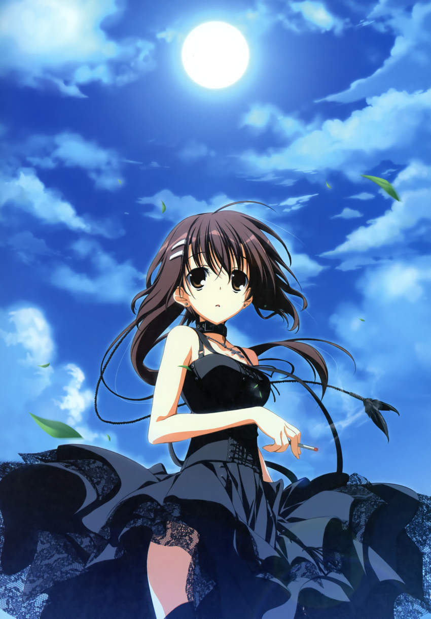 absurdres black_dress brown_eyes brown_hair cigarette cloud collar day dress earrings highres jewelry kagome_(traumatize) lace long_hair minakami_yuki ponytail solo subarashiki_hibi sun thighhighs