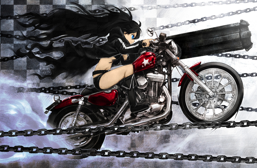 arm_cannon belt bikini_top black_hair black_rock_shooter black_rock_shooter_(character) blue_eyes boots boyaking chain flat_chest ground_vehicle harley_davidson jacket long_hair motor_vehicle motorcycle riding scar shorts solo weapon wheelie