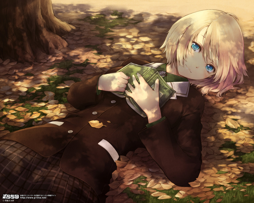 autumn blonde_hair blue_eyes bob_cut book colette_ehl eyelashes face happy komorebi_no_kuni leaf lips looking_at_viewer lying nature official_art on_back open_book plaid plaid_skirt shade short_hair skirt smile solo student tokunou_shoutarou tree uniform wallpaper