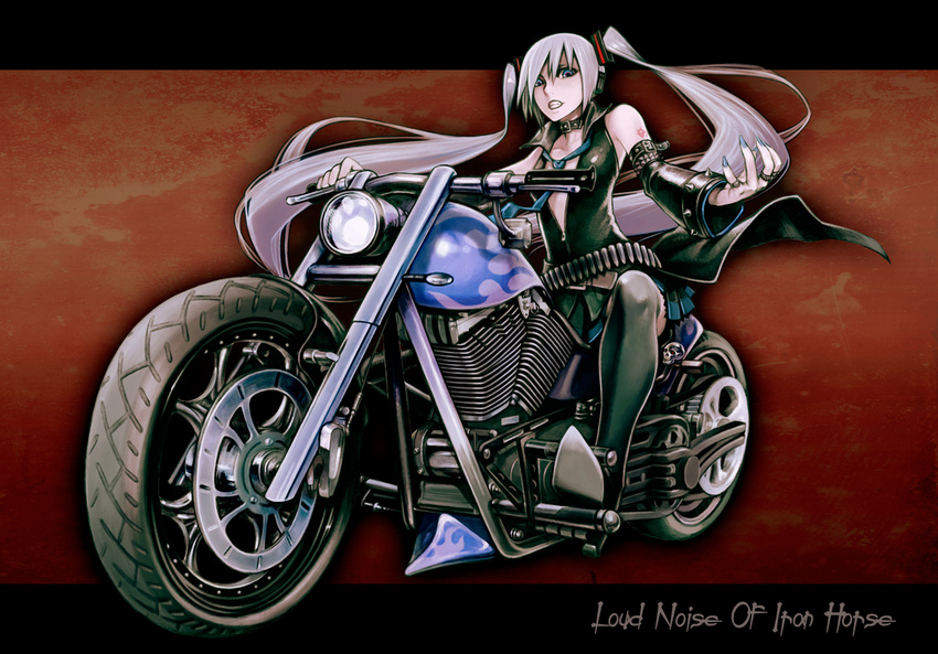 belt collar detached_sleeves ground_vehicle hagane_miku hagane_vocaloid hanji_(hansi) long_hair motor_vehicle motorcycle necktie silver_hair skirt solo spikes thighhighs twintails very_long_hair vocaloid zettai_ryouiki