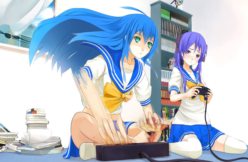 ahoge arcade_stick bad_id bad_pixiv_id blue_hair bookshelf cameo controller empty_eyes figure game_controller green_eyes hatsune_miku highres hiiragi_kagami indian_style izumi_konata joystick kona_(yubisakiko) long_hair lucky_star midriff mole mole_under_eye motion_blur multiple_girls panties playing_games purple_eyes purple_hair ryouou_school_uniform school_uniform serafuku sitting tears thighhighs tsurime twintails underwear upskirt video_game vocaloid wariza zettai_ryouiki