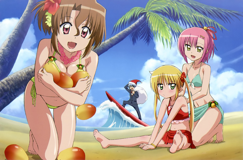 3girls absurdres ayasaki_hayate barefoot beach bikini blonde_hair blue_hair blush breasts brown_hair cleavage cloud day feet folded_ponytail food fruit green_eyes hat hayate_no_gotoku! highres katsura_hinagiku large_breasts long_hair mango maria_(hayate_no_gotoku!) multiple_girls non-web_source ocean one_eye_closed open_mouth outdoors pink_hair pout red_eyes santa_hat sanzen'in_nagi short_hair shoulder_massage sky surfboard surfing swimsuit twintails very_long_hair waving yellow_eyes