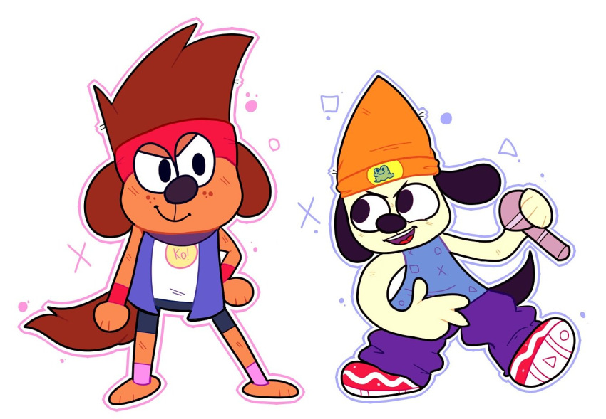 2018 anthro bandanna beanie black_nose brown_fur brown_hair canine clothed clothing collar crossover dog duo fur hair hat k.o._(ok_k.o.!_lbh) kiikittu mammal ok_k.o.!_let's_be_heroes parappa parappa_the_rapper shorts simple_background video_games yellow_fur