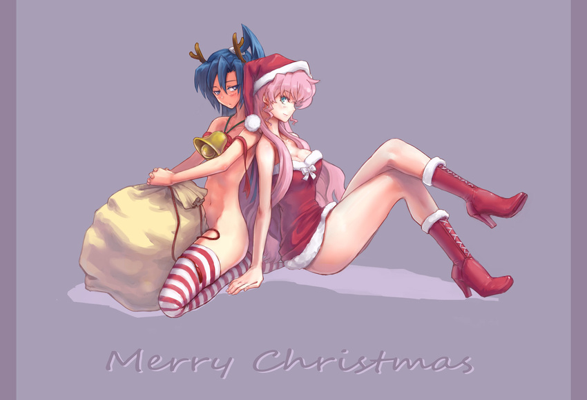 antlers back-to-back bag blue_eyes blue_hair blush boots hat high_heel_boots high_heels highres huu00 kazanari_tsubasa long_hair maria_cadenzavna_eve merry_christmas multiple_girls nude pink_hair red_footwear ribbon santa_hat senki_zesshou_symphogear sitting striped striped_legwear yuri