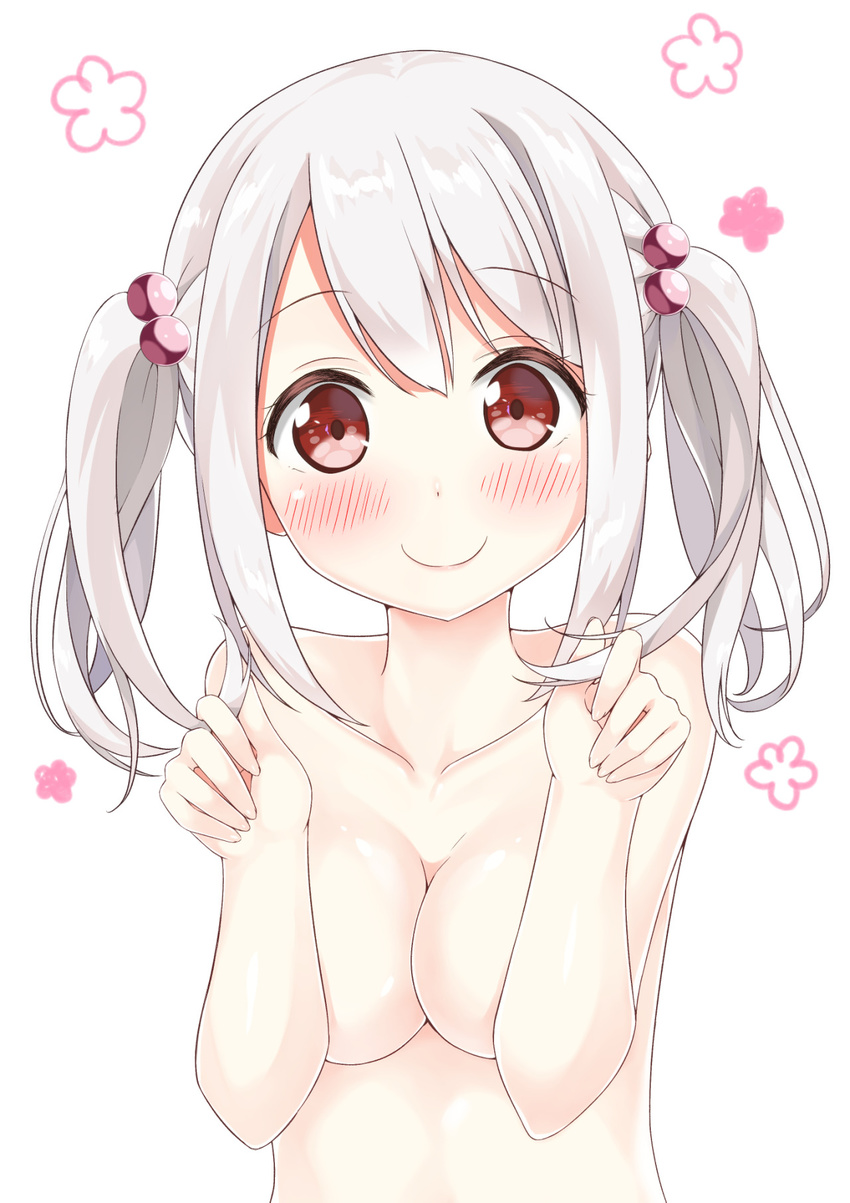 1girl blush breasts cleavage collarbone covering covering_breasts hair_bobbles hair_ornament hair_twirling highres karutamo long_hair looking_at_viewer medium_breasts nude original red_eyes silver_hair smile solo tisshu_(karutamo) twintails upper_body