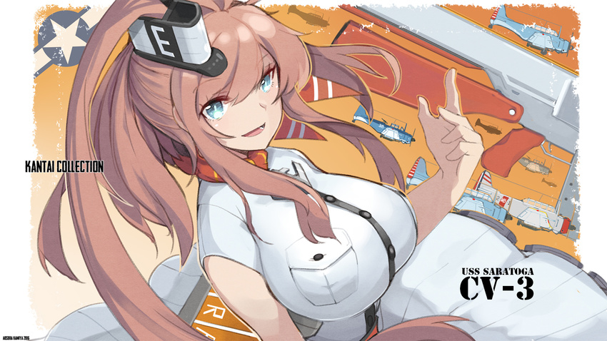 :d aosora_kamiya arm_at_side breast_pocket breasts character_name copyright_name dress dutch_angle flight_deck hair_between_eyes huge_breasts impossible_clothes kantai_collection long_hair looking_at_viewer md5_mismatch open_mouth pocket saratoga_(kantai_collection) sbd_dauntless short_sleeves side_ponytail skirt smile smokestack solo striped tsurime upper_body vertical-striped_skirt vertical_stripes white_dress