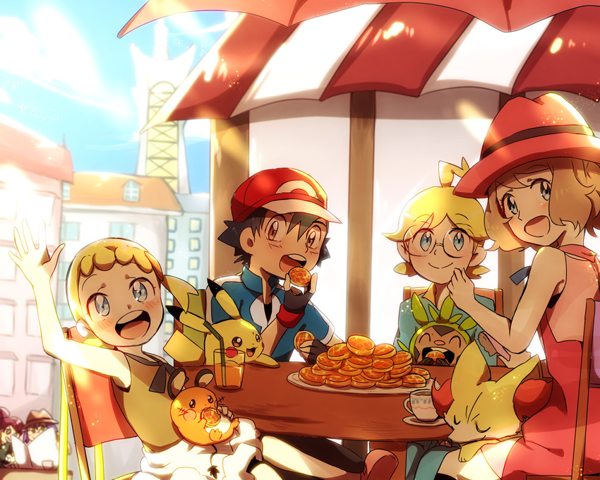 10s 3boys 3girls bare_shoulders black_gloves black_hair blonde_hair blue_eyes building chespin child citron_(pokemon) closed_mouth cup day dedenne eureka_(pokemon) fennekin fingerless_gloves glasses gloves grin hat highres holding kojirou_(pokemon) looking_back mizuto_(o96ap) multiple_boys multiple_girls musashi_(pokemon) nintendo open_mouth orange_hair outdoors pikachu pokemon pokemon_xy satoshi_(pokemon) serena_(pokemon) short_hair sitting sky smile table whiskers window