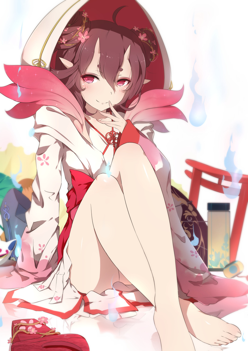 bangs bare_legs blue_fire blurry blush brown_hair closed_mouth crossed_ankles demon_girl depth_of_field double_bun eyelashes fire floral_print flower fox_mask geta hair_between_eyes hair_flower hair_ornament hand_to_own_mouth highres hood japanese_clothes kimono knees_up lantern long_legs long_sleeves looking_at_viewer mask mask_removed momo_(onmyoji) oni_horns onmyoji peach_blossom pink_flower plant pointy_ears red_eyes sash shoes_removed short_eyebrows short_kimono sleeves_past_wrists solo tassel torii vines white_background wide_sleeves xiao_ren