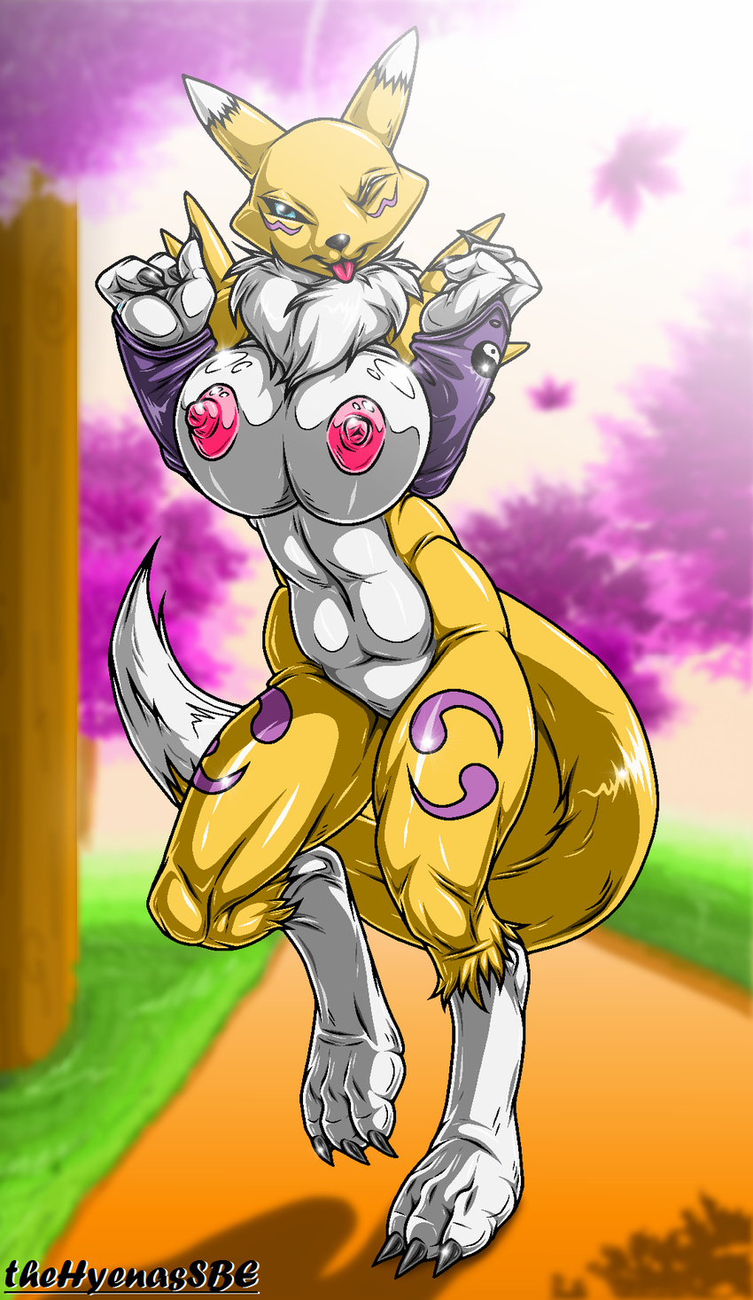 2016 anthro areola big_breasts breasts digimon erect_nipples female looking_at_viewer nipples nude one_eye_closed renamon smile solo thehyenassbe tongue tongue_out wink