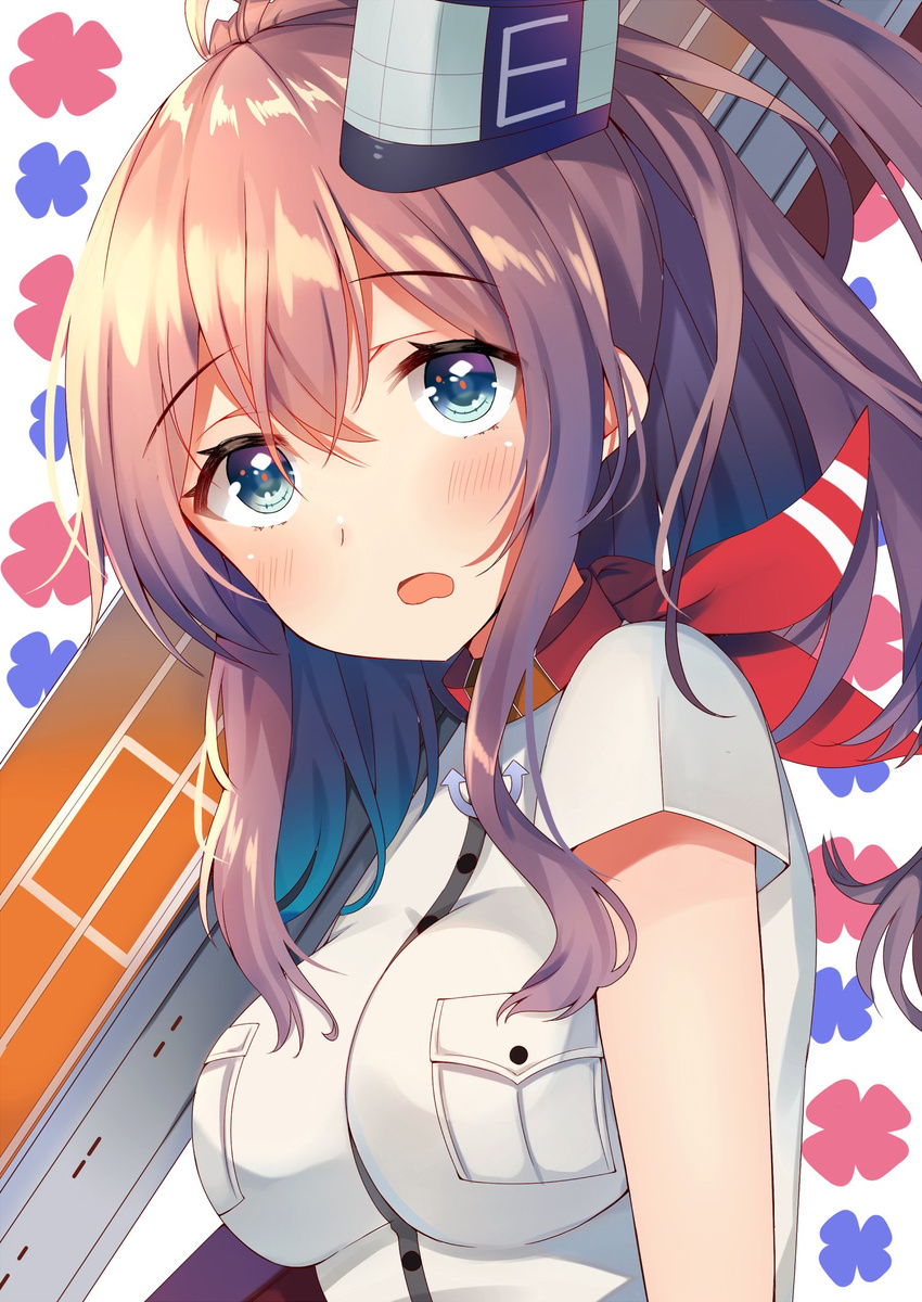 anchor aozora_nan blue_eyes breast_pocket breasts brown_hair close-up dress flight_deck floral_background hair_between_eyes highres impossible_clothes kantai_collection large_breasts long_hair looking_at_viewer neckerchief pocket ponytail red_neckwear saratoga_(kantai_collection) side_ponytail sidelocks solo white_dress