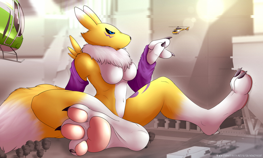 aircraft anthro barefoot big_(disambiguation) big_breasts black_sclera breasts canine city claws clothing crush cuddling cuddly destruction digimon elbow_gloves feet female fox gaiters gloves gts helicopter hyper invalid_tag krazykurt macro macrophile mammal micro muscular muscular_female nude pawpads paws renamon size_difference small_(disambiguation) soft toes