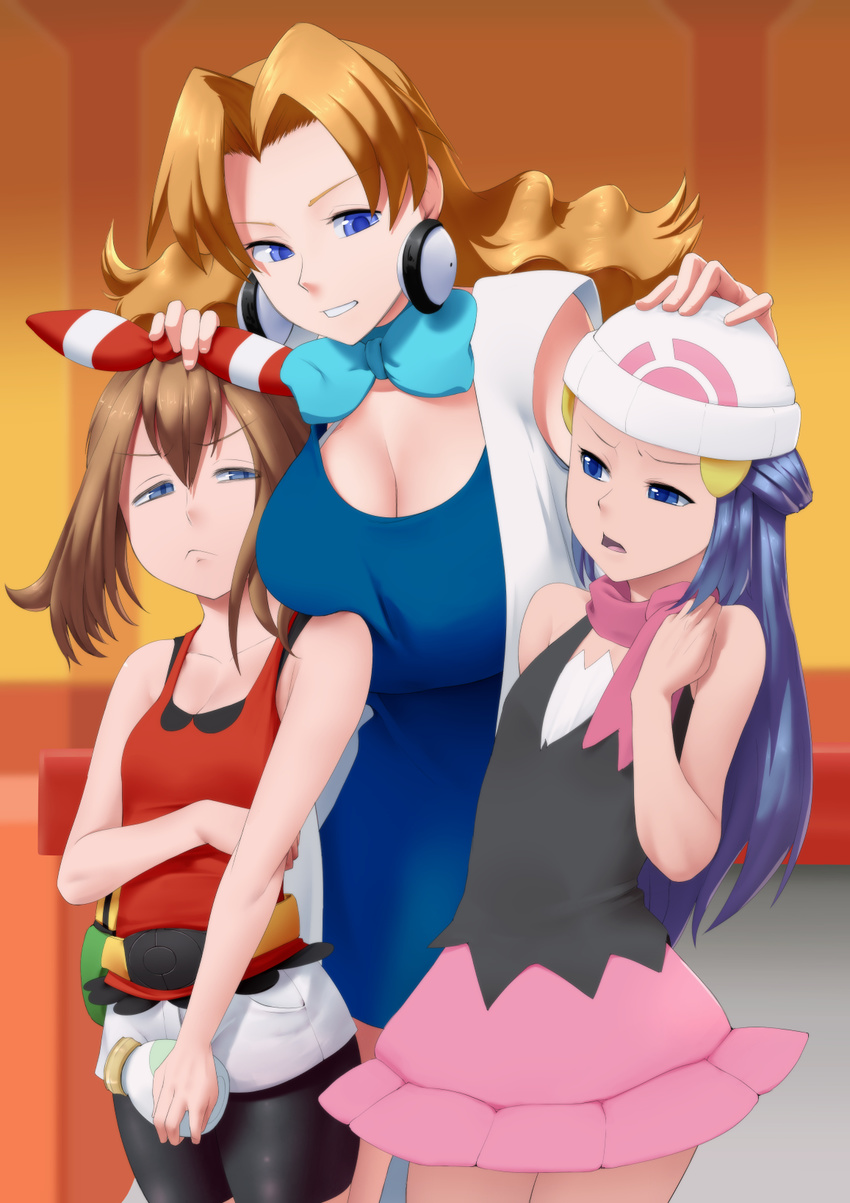 age_difference beanie belt bike_shorts blonde_hair blue_bow blue_eyes blue_hair bow bowtie bra_strap breast_envy breast_press breast_rest breasts breasts_on_shoulders brown_hair cleavage earrings eyebrows girl_sandwich hair_between_eyes hand_on_another's_head haruka_(pokemon) hat highres hikari_(pokemon) jewelry labcoat large_breasts long_hair maydrawfag mii_snowdon multiple_girls pokemon pokemon_(anime) pokemon_(classic_anime) pokemon_(game) pokemon_dp_(anime) pokemon_dppt pokemon_m03 pokemon_oras pout sandwiched scarf sleeveless small_breasts
