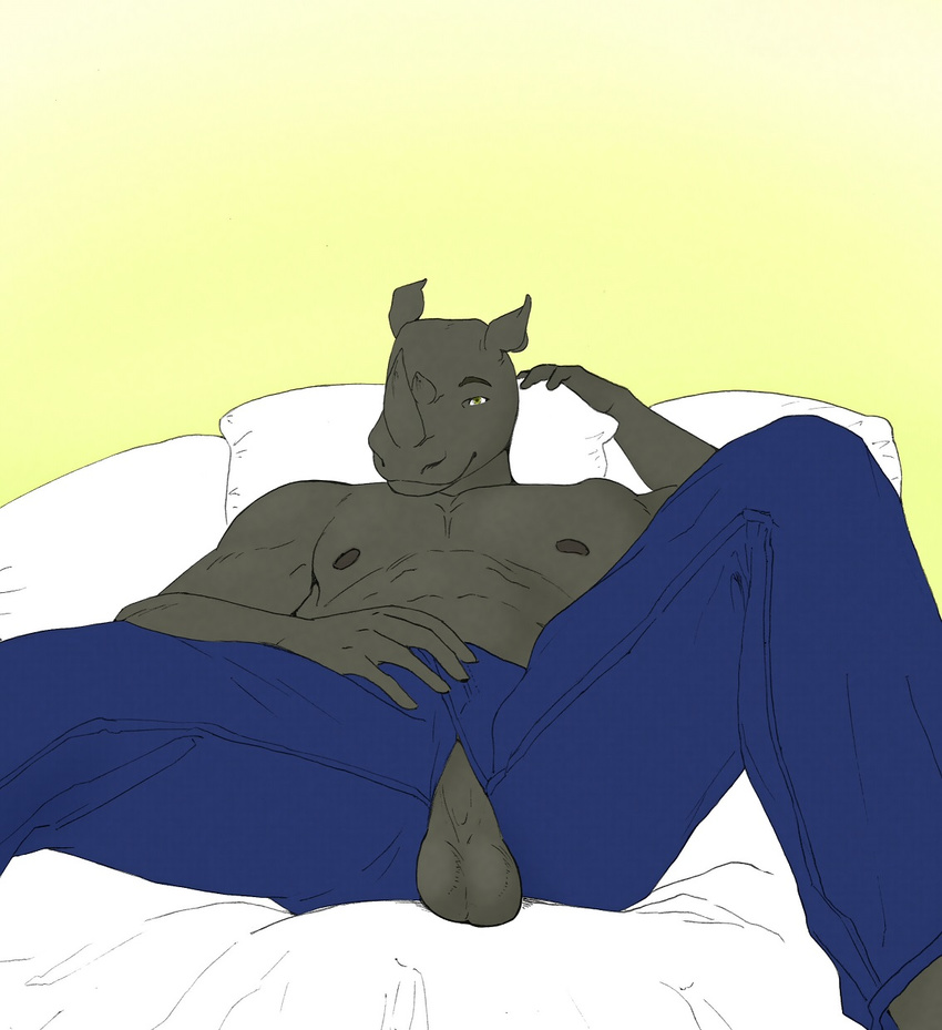 9x9 anthro balls barefoot bed bulge clothed clothing jeans looking_at_viewer lying male mammal muscular nipples pants pecs pillow rhinoceros smile solo topless torn_clothing torn_pants yellow_eyes