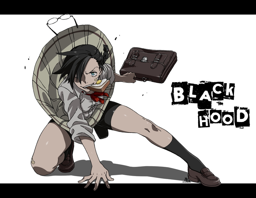 bike_shorts black_border black_hair black_hood blazer blue_eyes border breasts character_name collared_shirt commentary_request dress_shirt egg food food_in_mouth glasses hair_over_one_eye highres jacket kamezaemon kneeling loafers looking_at_viewer medium_breasts mouth_hold original pleated_skirt ponytail school_uniform shirt shoes short_hair short_sleeves skirt smile socks solo sunny_side_up_egg teeth toast toast_in_mouth white_shirt