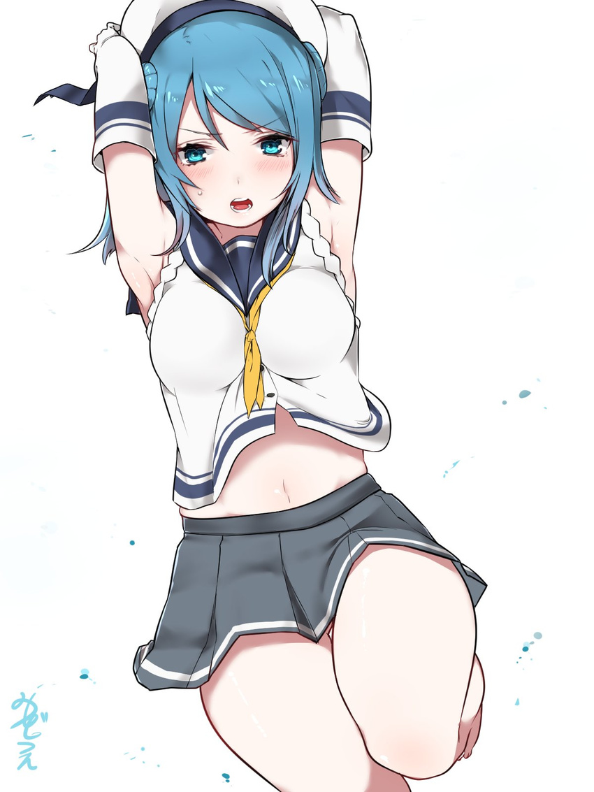 armpits arms_behind_head barefoot blue_eyes blue_hair blush breasts double_bun elbow_gloves eyebrows_visible_through_hair gloves hat highres kantai_collection large_breasts mitsudoue navel neckerchief open_mouth pleated_skirt sailor_hat school_uniform serafuku skirt sleeves_rolled_up solo urakaze_(kantai_collection) white_hat yellow_neckwear