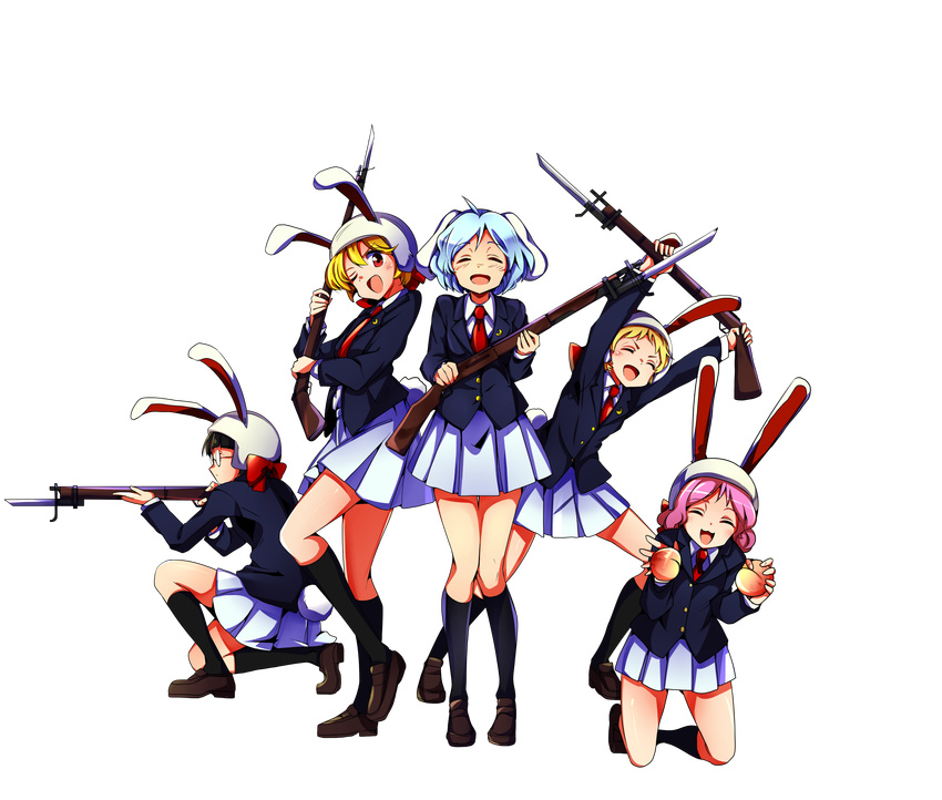 animal_ears baba_(baba_seimaijo) black_hair black_legwear blazer blonde_hair blue_hair bunny bunny_ears extra food fruit full_body glasses gun highres jacket moon_rabbit_(touhou) multiple_girls necktie peach pink_hair red_eyes reisen rifle short_hair skirt tachi-e touhou transparent_background weapon white_skirt